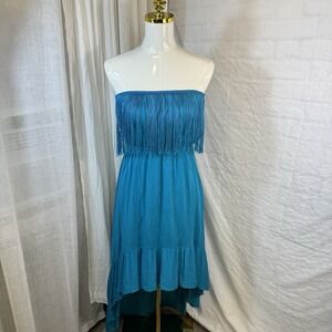 Cristina Love Women's Fringe Blue Medium  Strapless‎ High Low Dress Festival